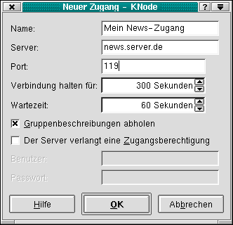 Der Dialog Neuer Zugang