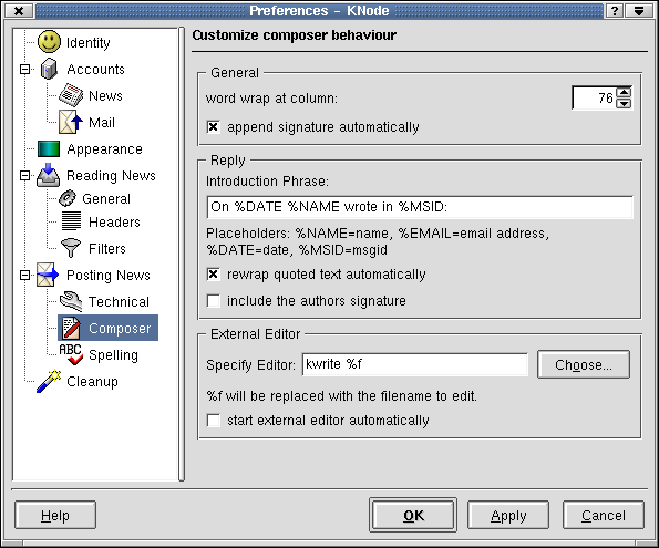 The Composer settings Dialog Box