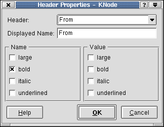 The dialog Header Properties