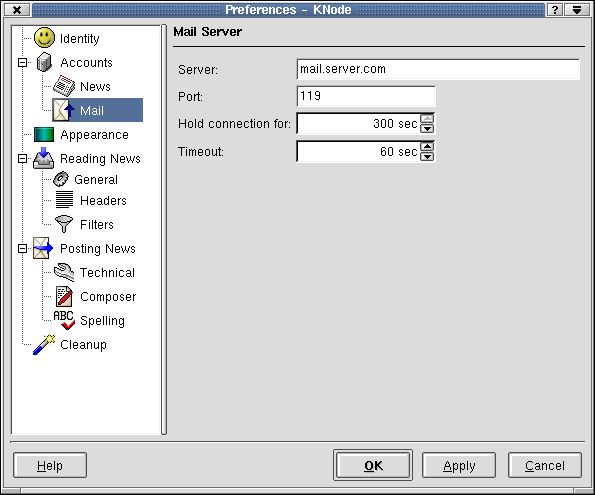 Dialog Box for setting up the mail-account